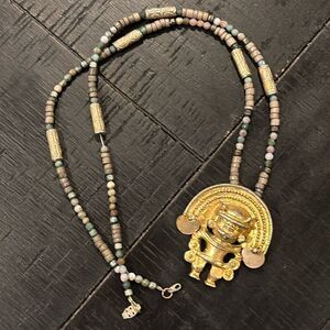 Vintage Anthropomorphic Figure Diadem Gold Tone Aztec Massive Pendant Necklace​​